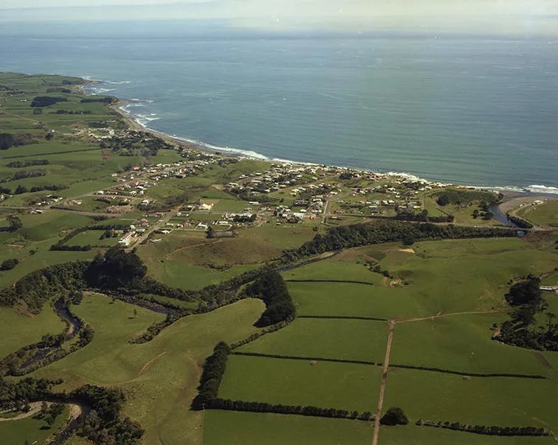 Aerial view of Ōākura township and river mouth